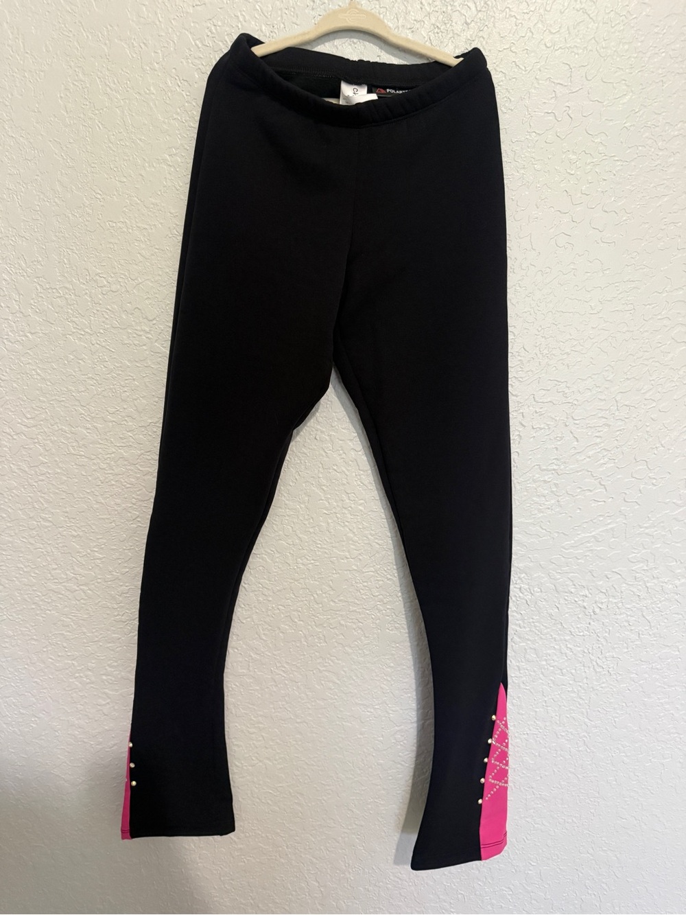 Girls Black ice skating Leggings with Pink Accent and jewels.